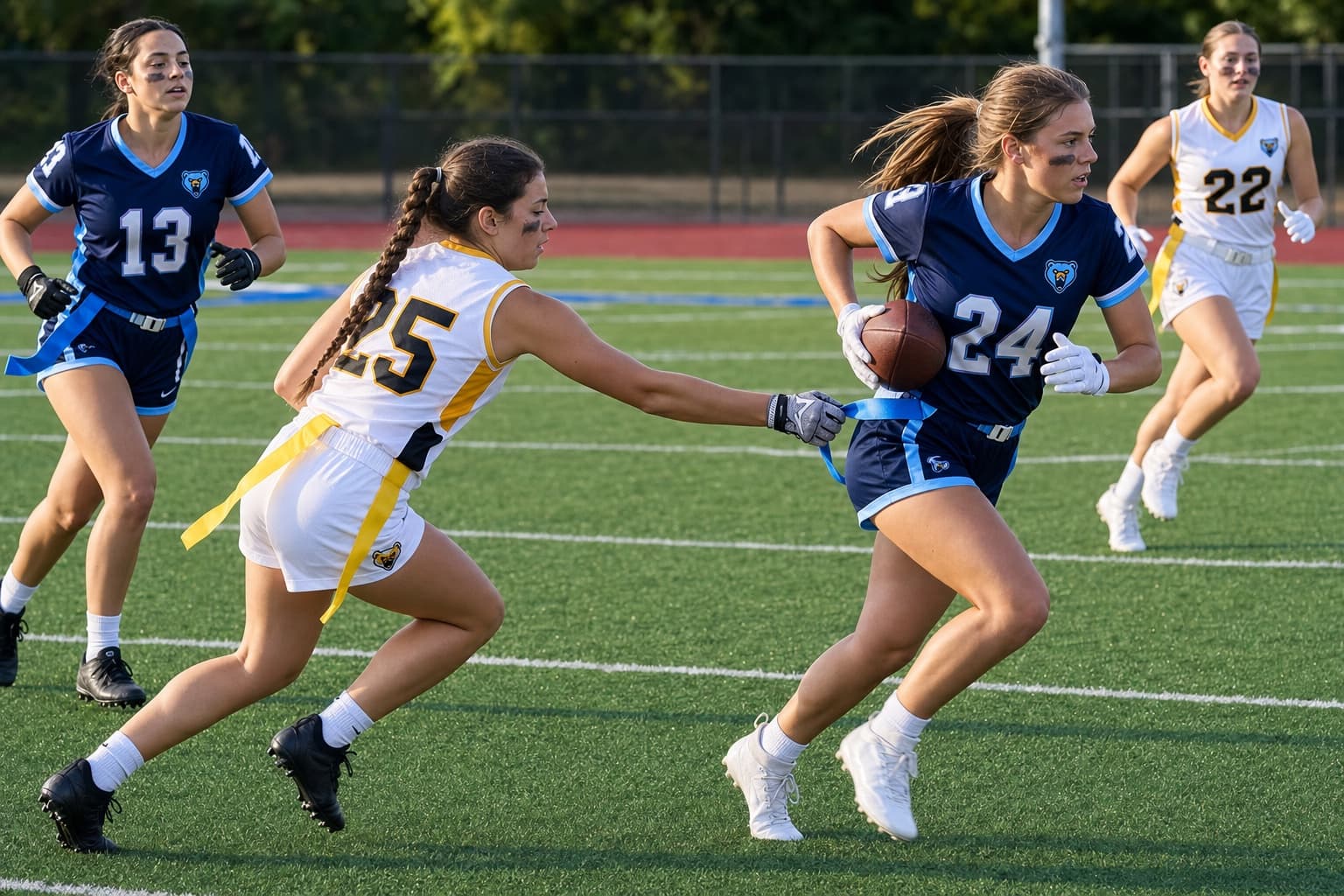 Youth girls flag football players competing on a field