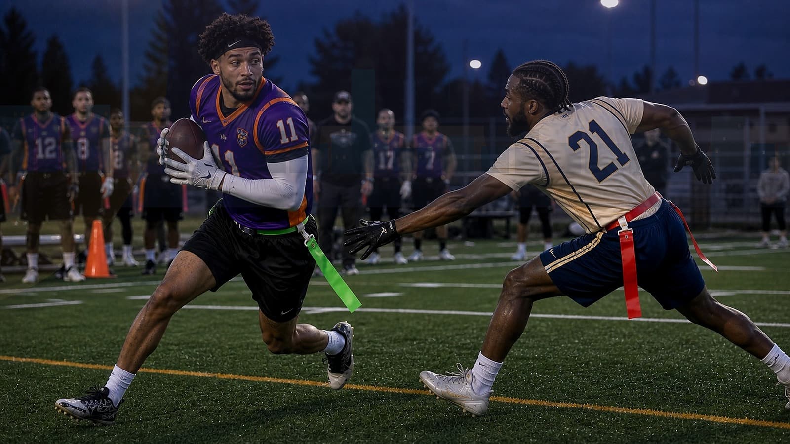 Flag football players competing in front of a Nairobi-inspired skyline