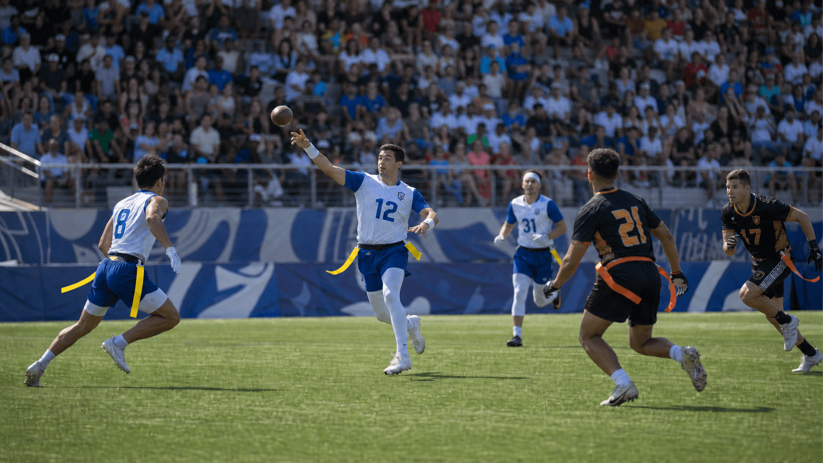 International flag football players competing in a stadium