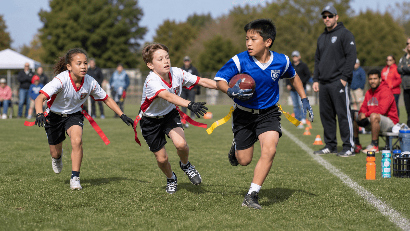 Youth flag football players running on the sideline