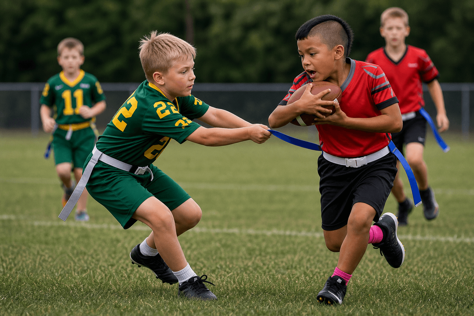 Youth flag football runner having a flag pulled